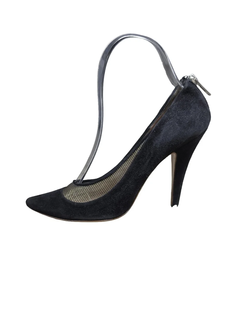 Chloé Black Suede Gold Mesh Back Zip Pointed Toe Heel Pumps 38